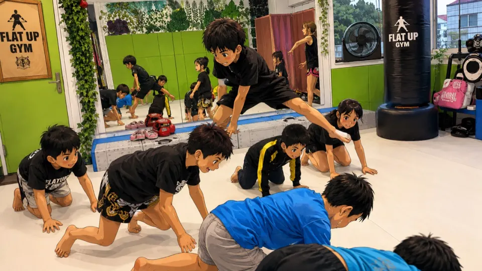 子どもたちが遊ぶように全身を動かすクラスのAIイラスト